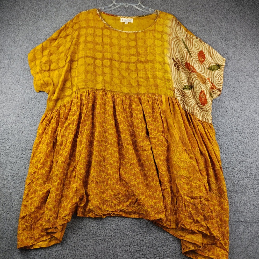 Kantha Bae Tunic Sz Free Size Silk Patchwork Babydoll Pockets Yellow EUC
